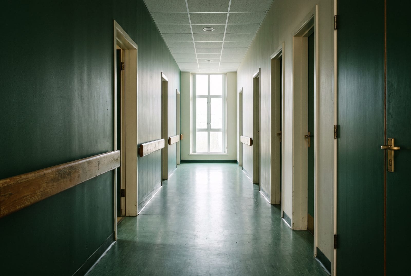 A long empty corridor with a continuous handrail and daylight at the far end