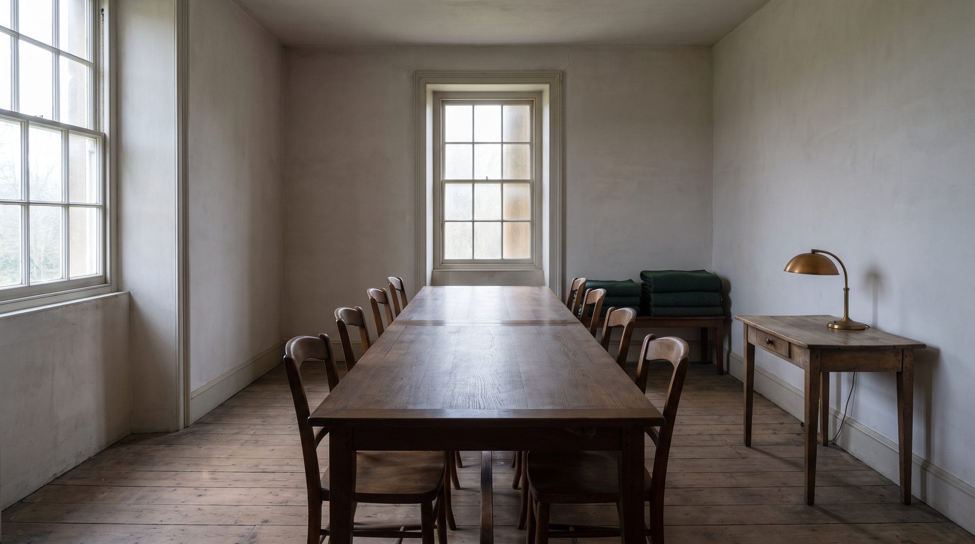 An empty meeting room with a long oak table and a tall window at the far end