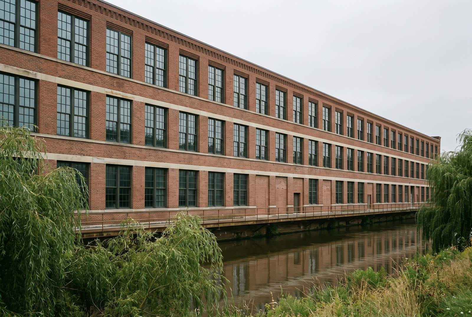 A red brick former mill with tall multi-pane windows beside a slow river